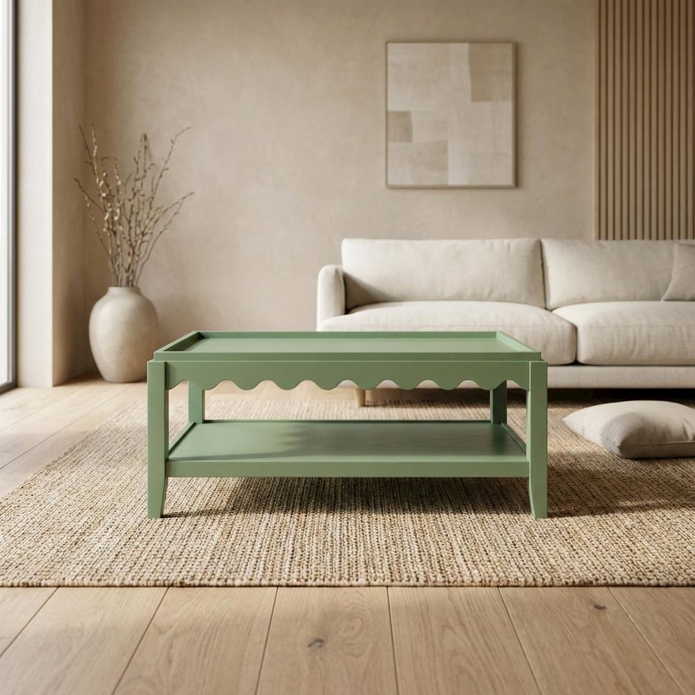 Rectangular Mango Wood Coffee Table with Lower Shelf and Sea Grass Finish