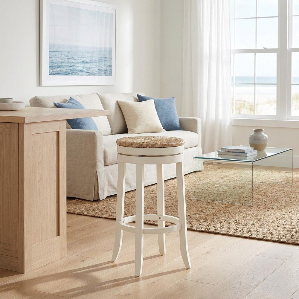 Rubberwood Swivel Barstool with Rush Seat, Antique White, Kraft Brown