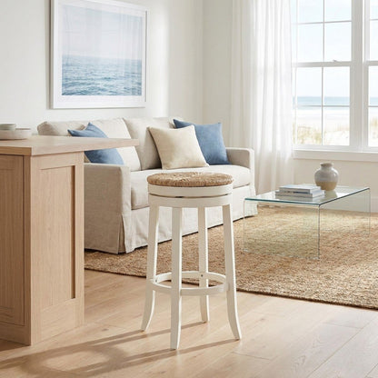 Rubberwood Swivel Barstool with Rush Seat, Antique White, Kraft Brown