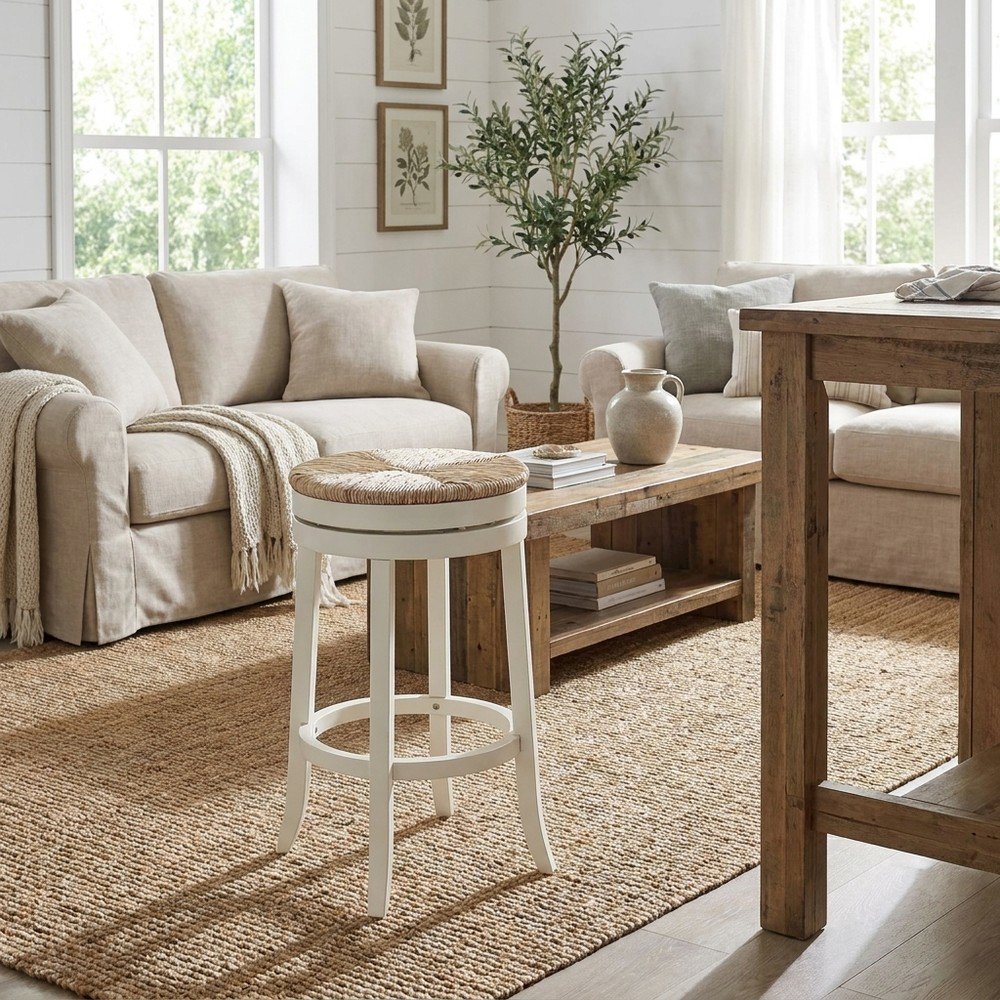 Rubberwood Swivel Barstool with Rush Seat, Antique White, Kraft Brown