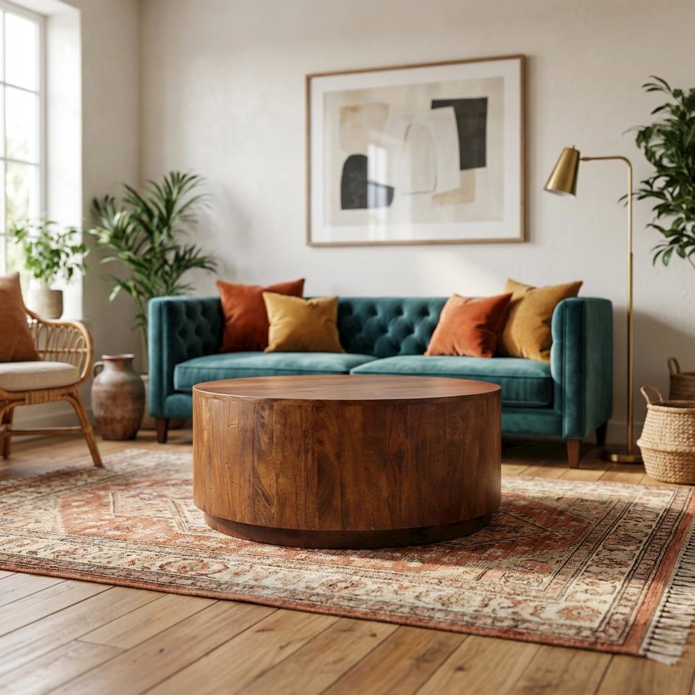 Round Wooden Coffee Table with Chestnut Finish and Mango Wood Construction