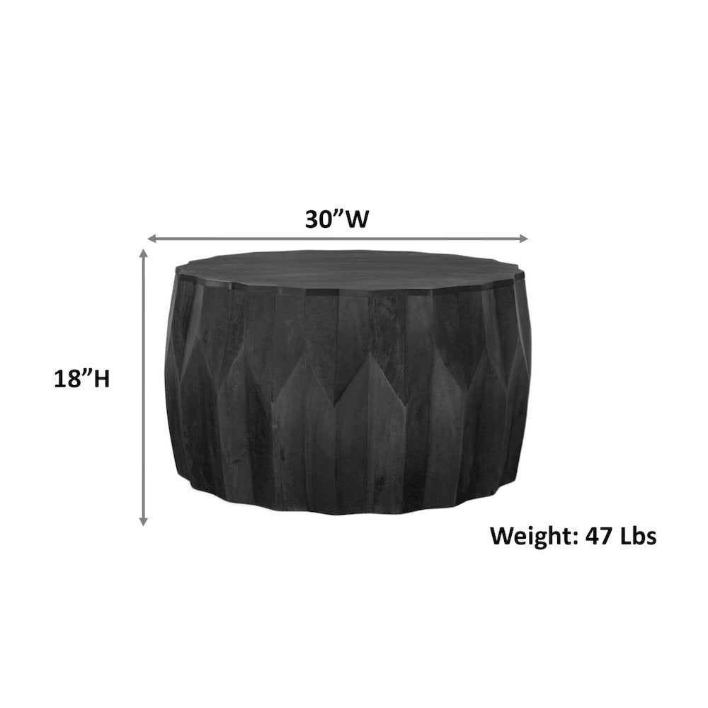 Facet 30" Diamond Carved Round Mango Wood Coffee Table, Walnut Finish