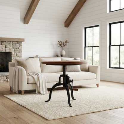 Rustic Adjustable Coffee Table, Mango Wood Top, Cast Iron Base