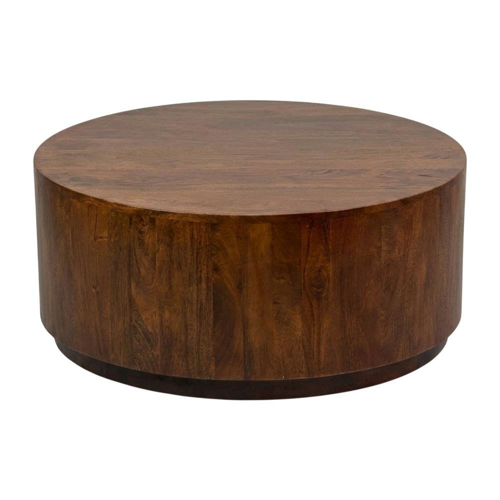 Round Wooden Coffee Table with Chestnut Finish and Mango Wood Construction