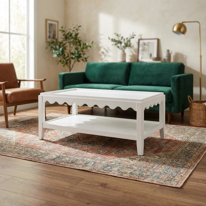 Rectangular Mango Wood Coffee Table with Lower Shelf in White Finish