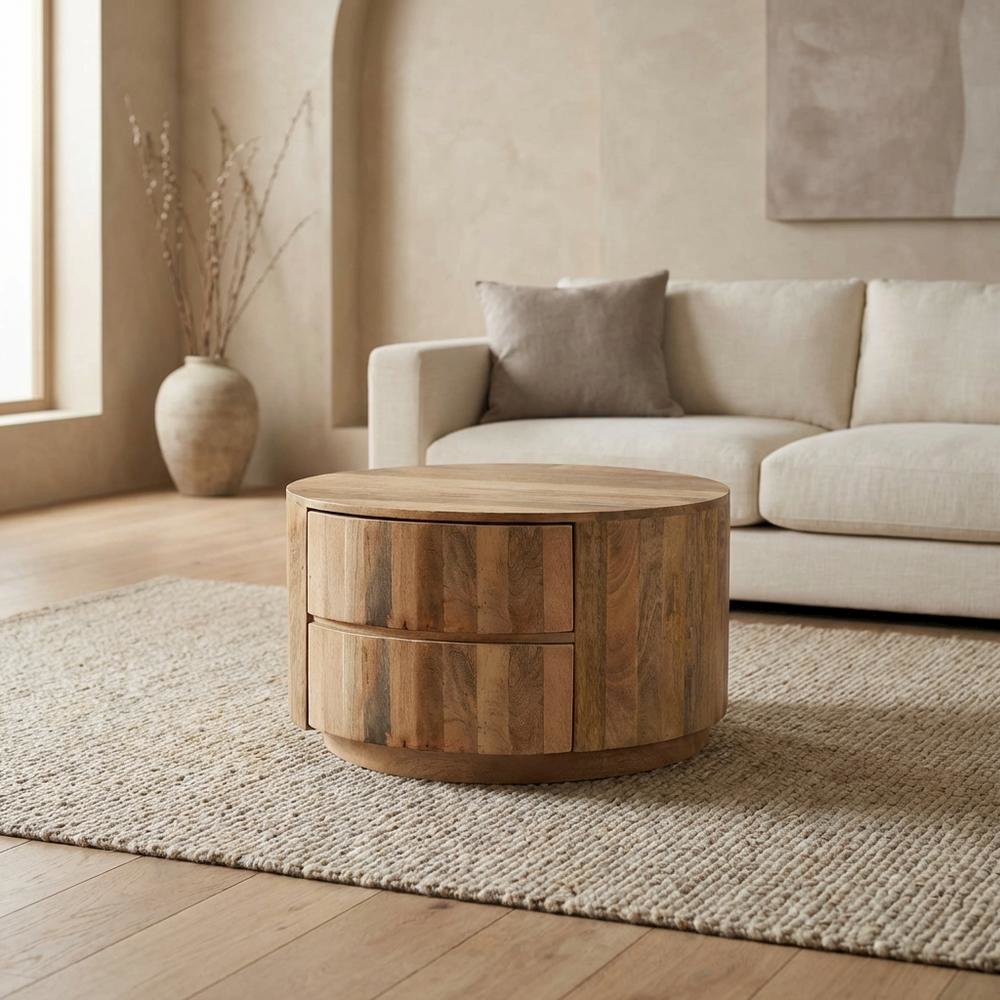 Natural Mango Wood Round Coffee Table with 2 Drawers and Metal Slides