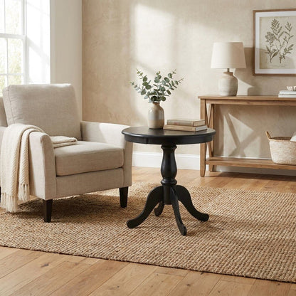 Rubberwood Pedestal Round Dining Table with Veneer Top for 4, Antique Black