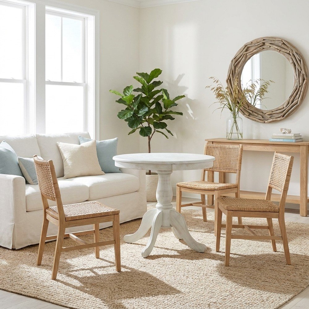Rubberwood Pedestal Round Dining Table with Veneer Top for 4, Whitewash