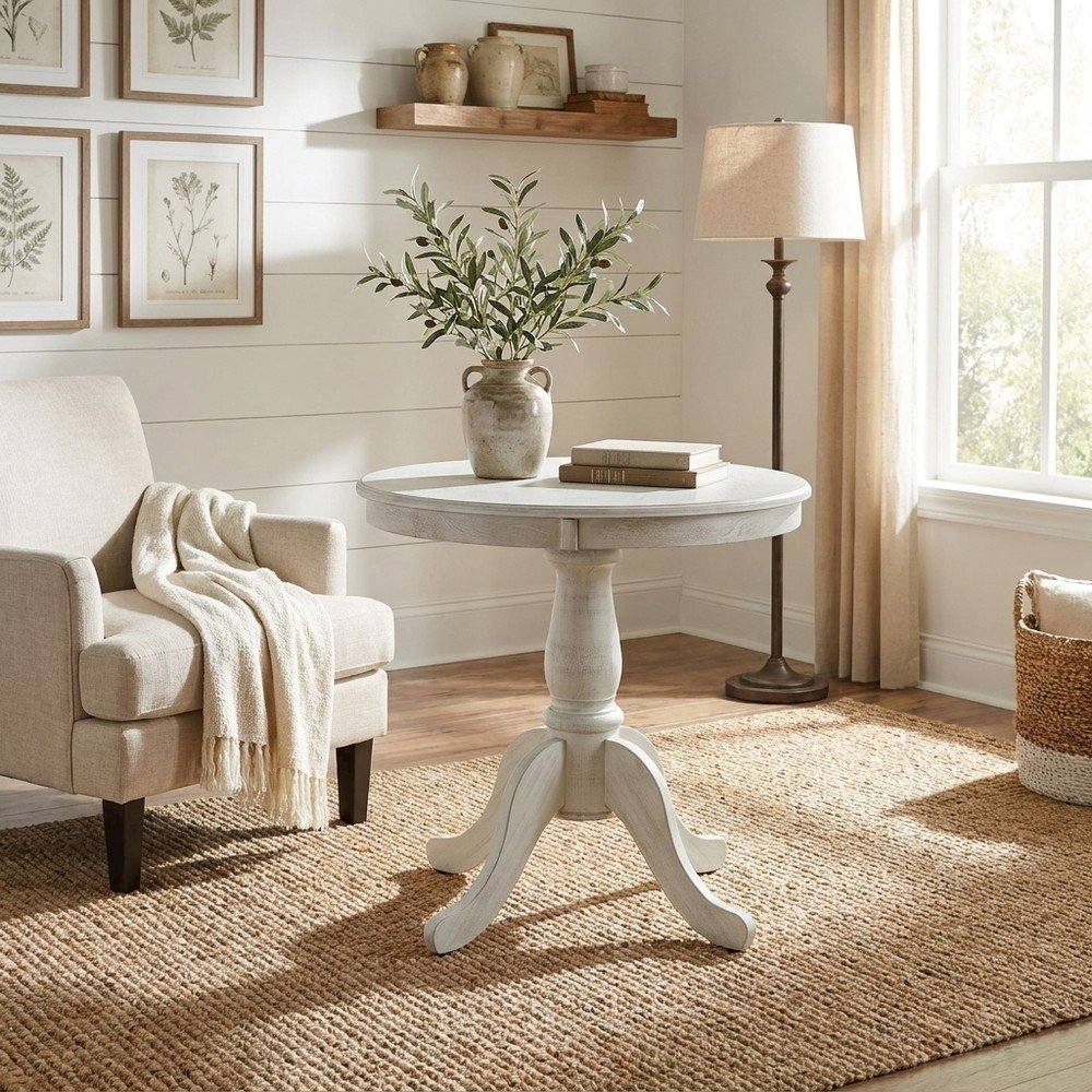Rubberwood Pedestal Round Dining Table with Veneer Top for 4, Whitewash
