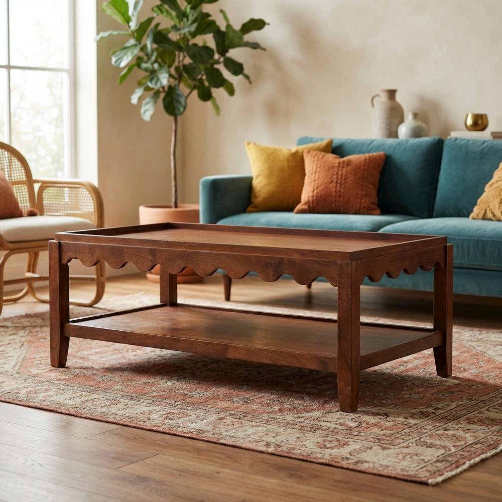 Rectangular Mango Wood Coffee Table with Lower Shelf, Transitional Style