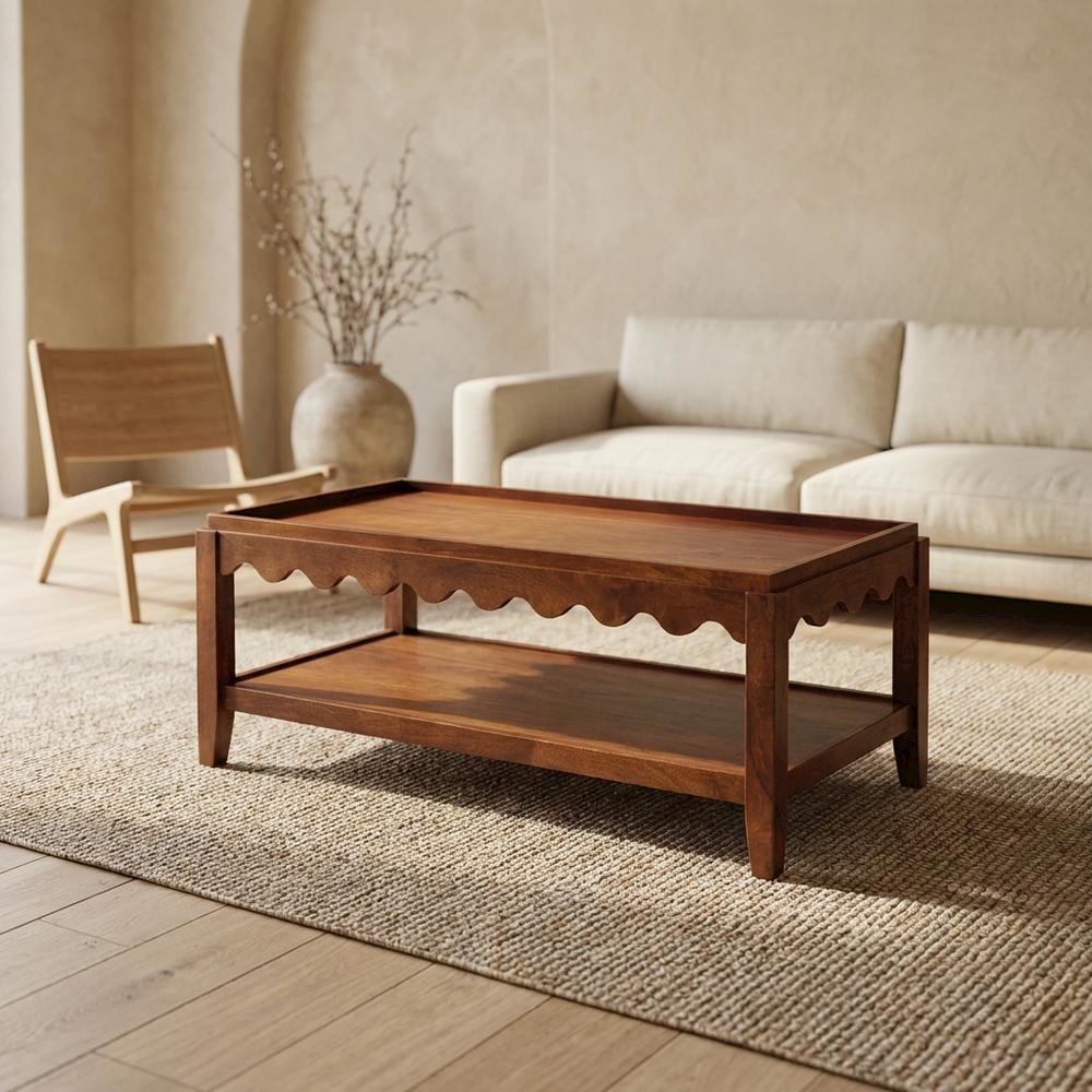 Rectangular Mango Wood Coffee Table with Lower Shelf, Transitional Style