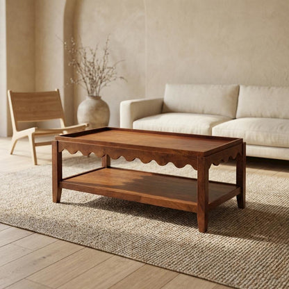 Rectangular Mango Wood Coffee Table with Lower Shelf, Transitional Style