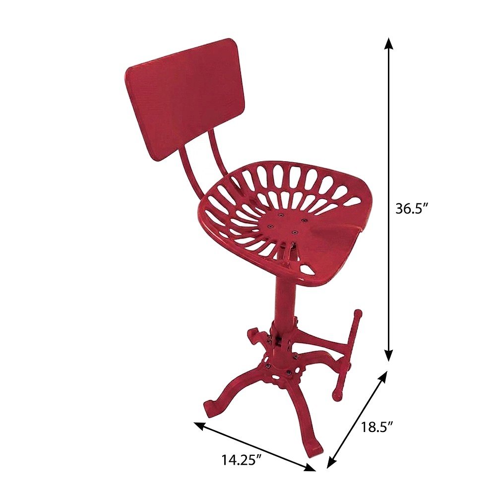 Cast Iron Tractor Seat Bar Stool with Back and Adjustable Height, Red