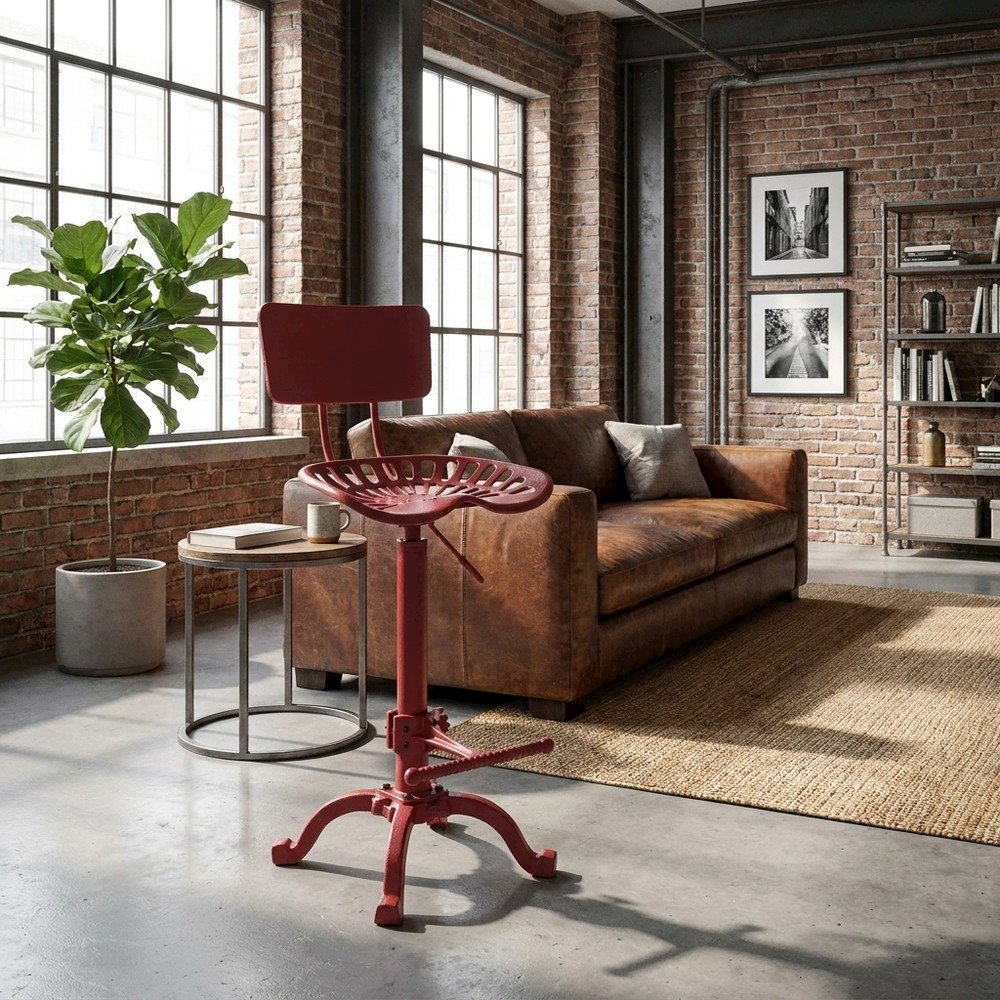 Cast Iron Tractor Seat Bar Stool with Back and Adjustable Height, Red