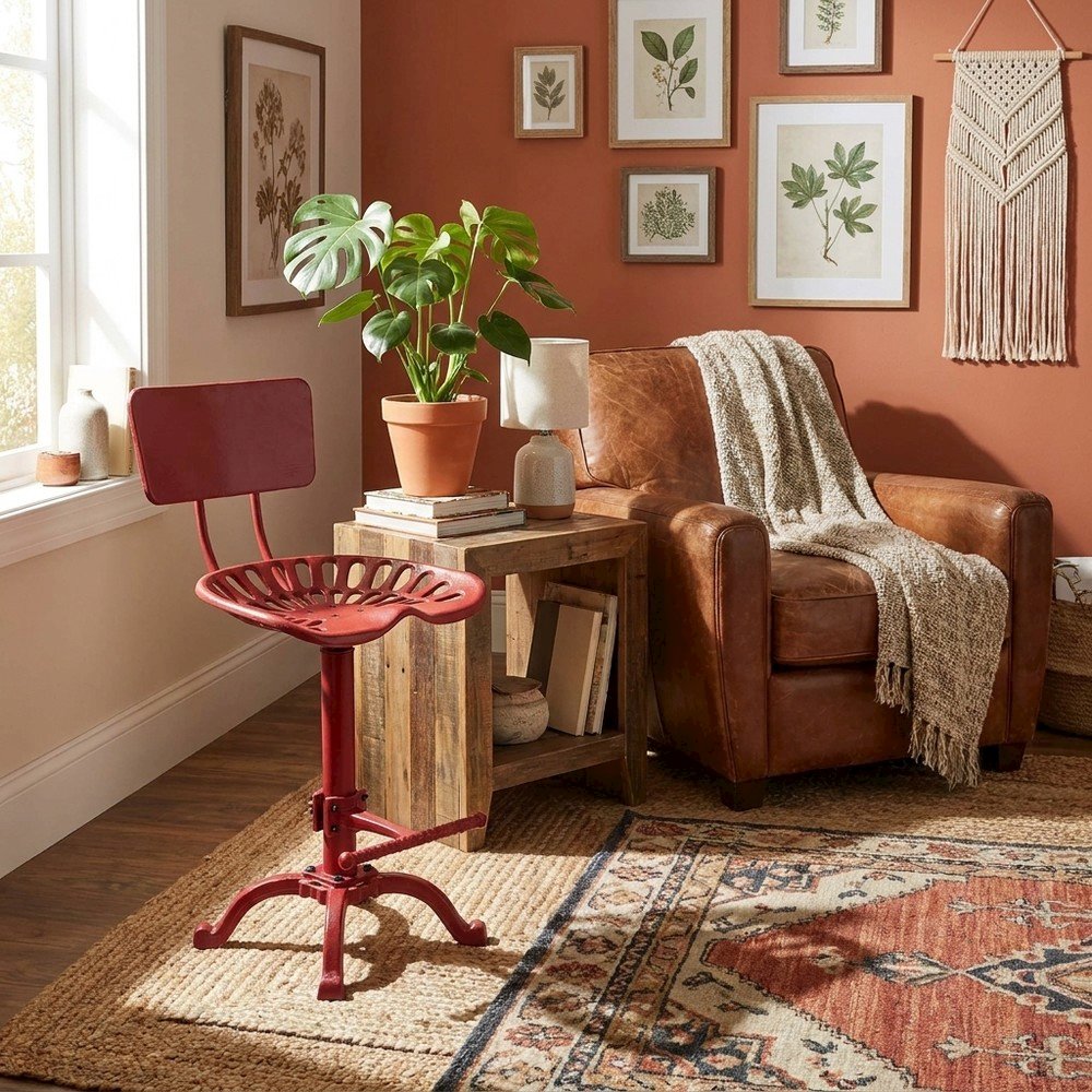 Cast Iron Tractor Seat Bar Stool with Back and Adjustable Height, Red