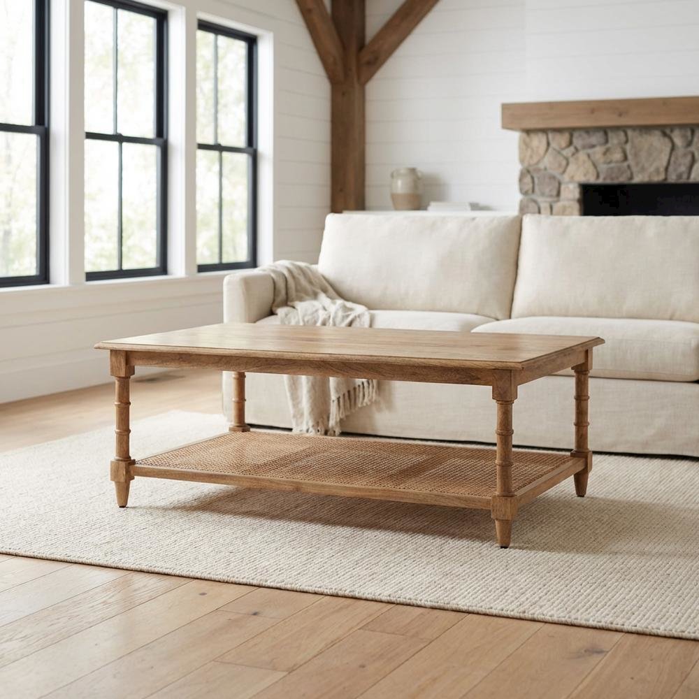Natural Wood & Cane Coffee Table with Rectangular Design and Mango Wood Finish