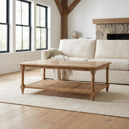 Natural Wood & Cane Coffee Table with Rectangular Design and Mango Wood Finish
