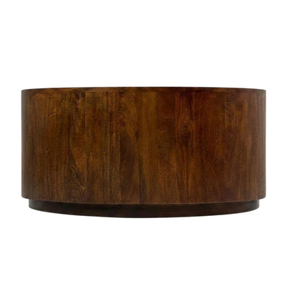 Round Wooden Coffee Table with Chestnut Finish and Mango Wood Construction