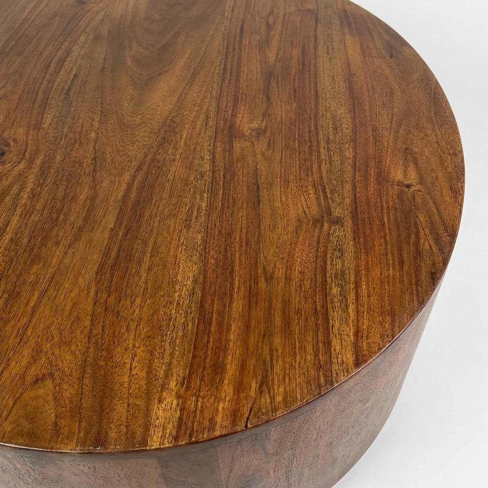 Round Wooden Coffee Table with Chestnut Finish and Mango Wood Construction