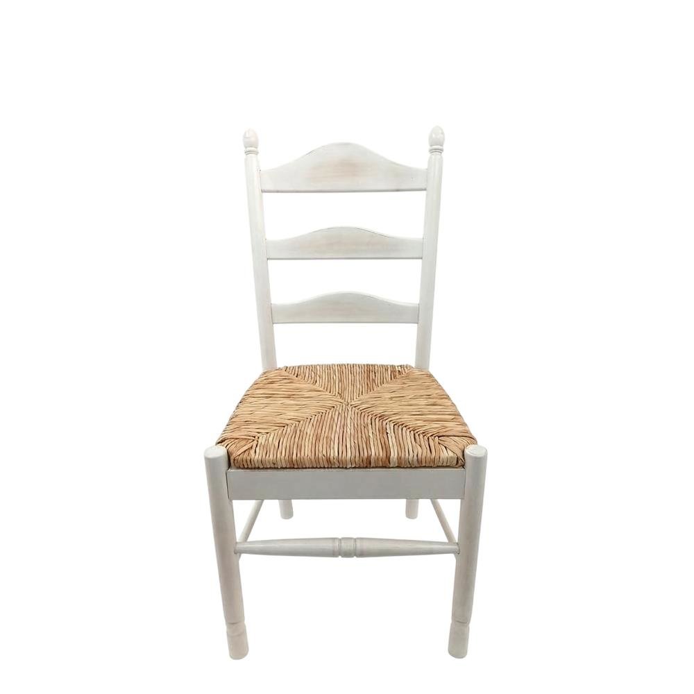 Rubberwood Rush-Seat Dining Chair with Ladder Back, Whitewash, Natural