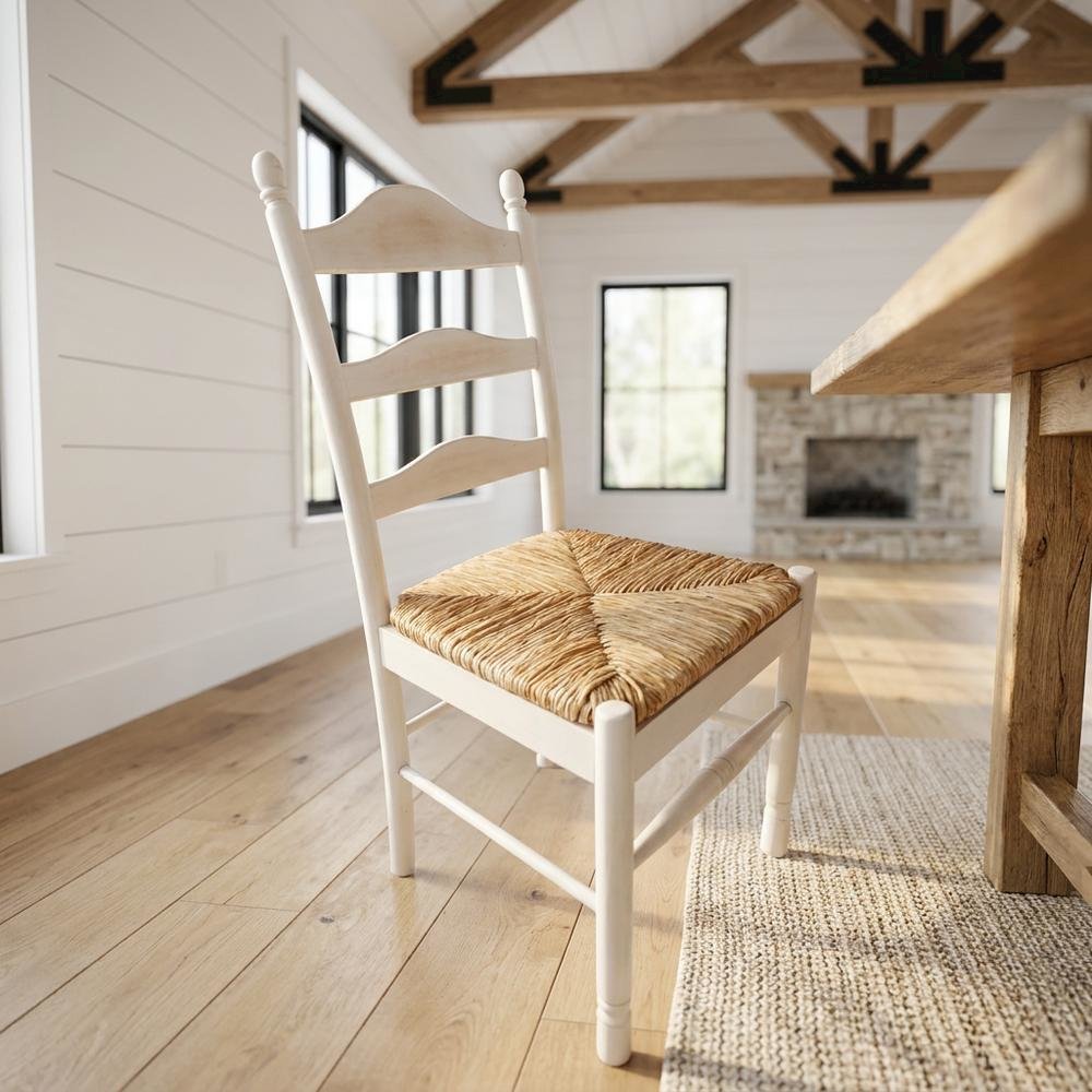 Rubberwood Rush-Seat Dining Chair with Ladder Back, Whitewash, Natural