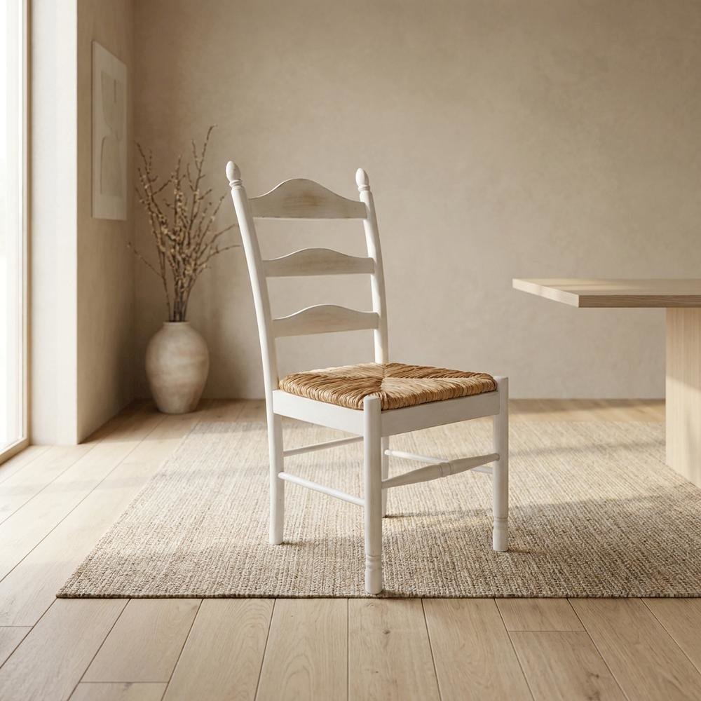 Rubberwood Rush-Seat Dining Chair with Ladder Back, Whitewash, Natural