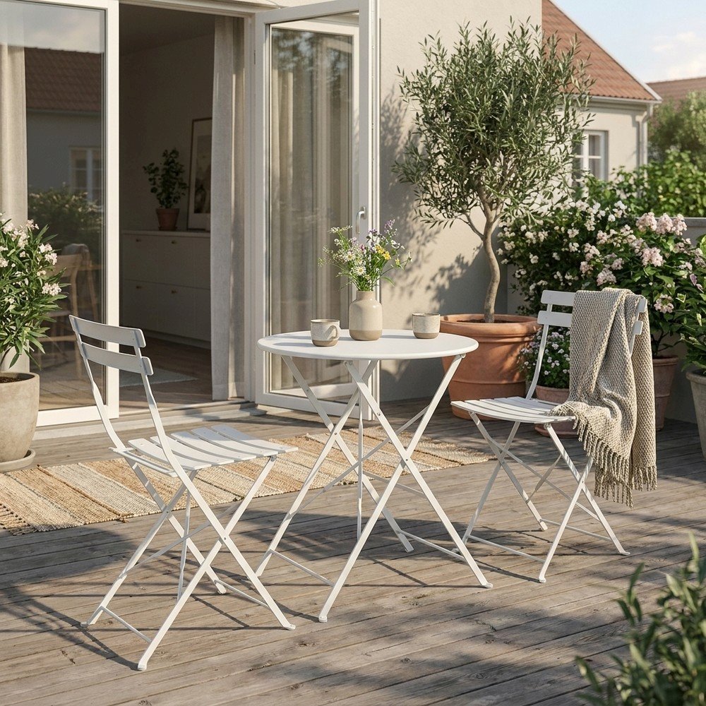 Foldable Powder-Coated Metal Bistro Outdoor Patio Lawn Chairs, Set of 2, White