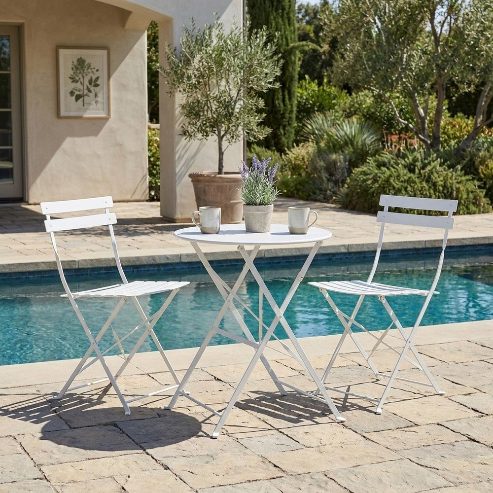 Foldable Powder-Coated Metal Bistro Outdoor Patio Lawn Chairs, Set of 2, White