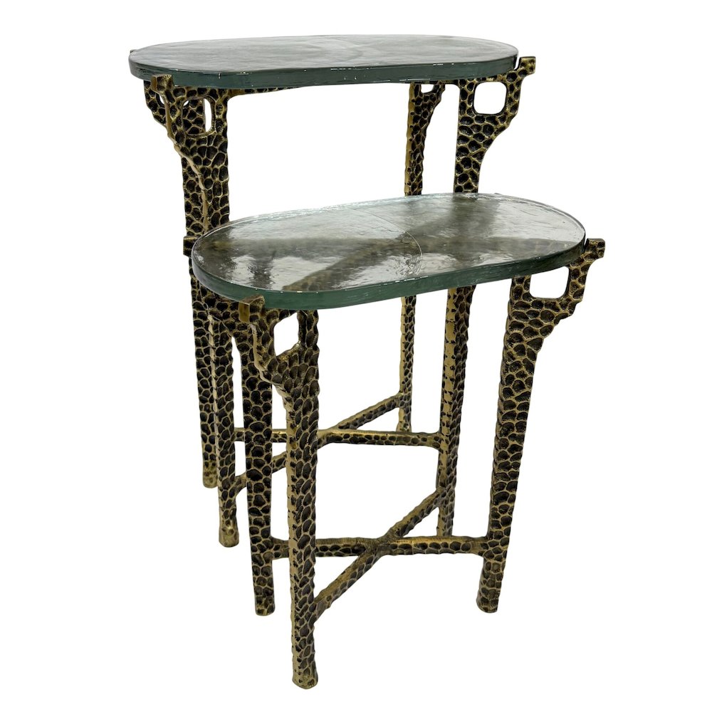 Ignis 26" Hammered Frame with Recycled Glass Nesting Table Set - Hammered Brass
