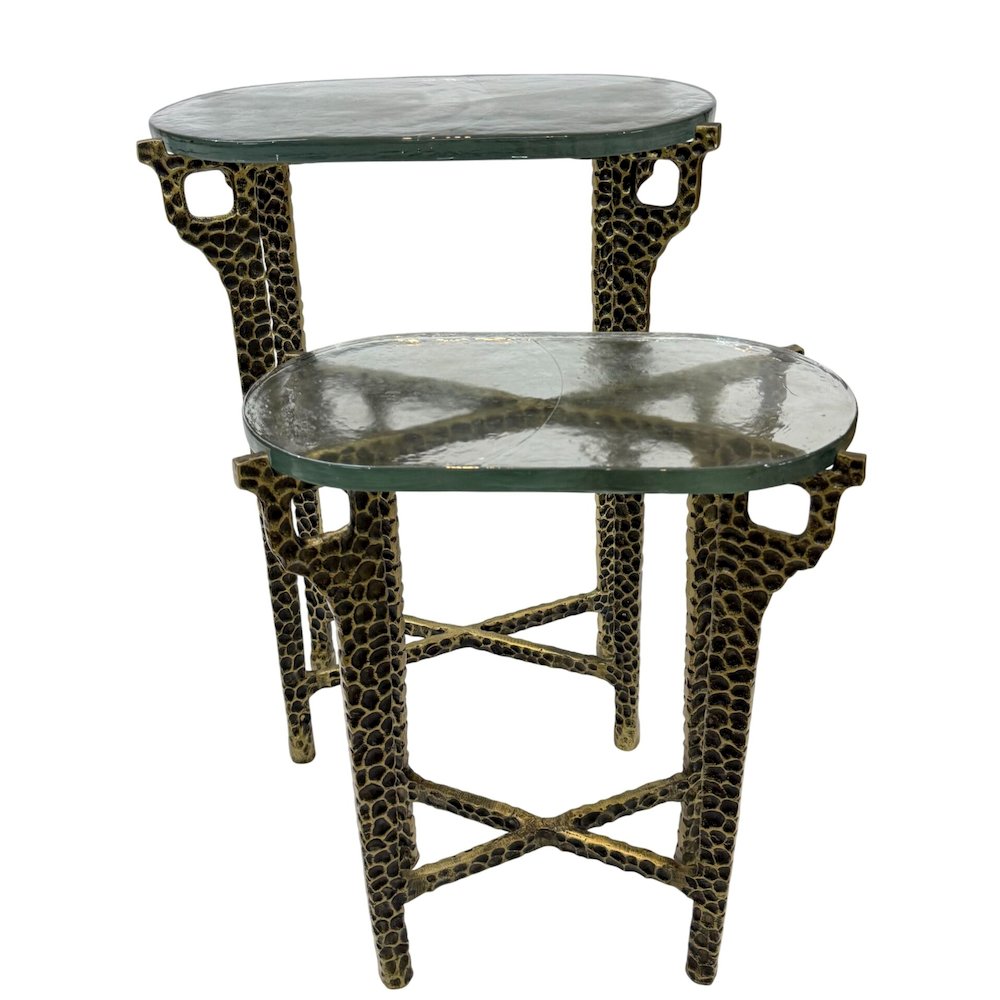Ignis 26" Hammered Frame with Recycled Glass Nesting Table Set - Hammered Brass