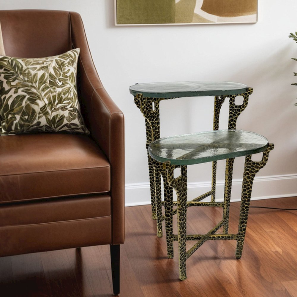 Ignis 26" Hammered Frame with Recycled Glass Nesting Table Set - Hammered Brass