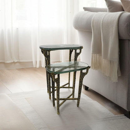 Ignis 26" Hammered Frame with Recycled Glass Nesting Table Set - Hammered Brass