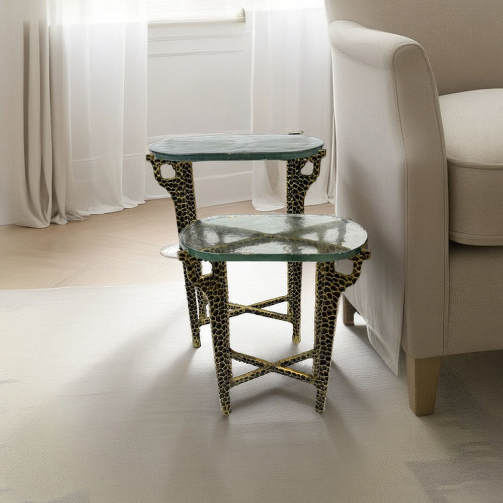 Ignis 26" Hammered Frame with Recycled Glass Nesting Table Set - Hammered Brass