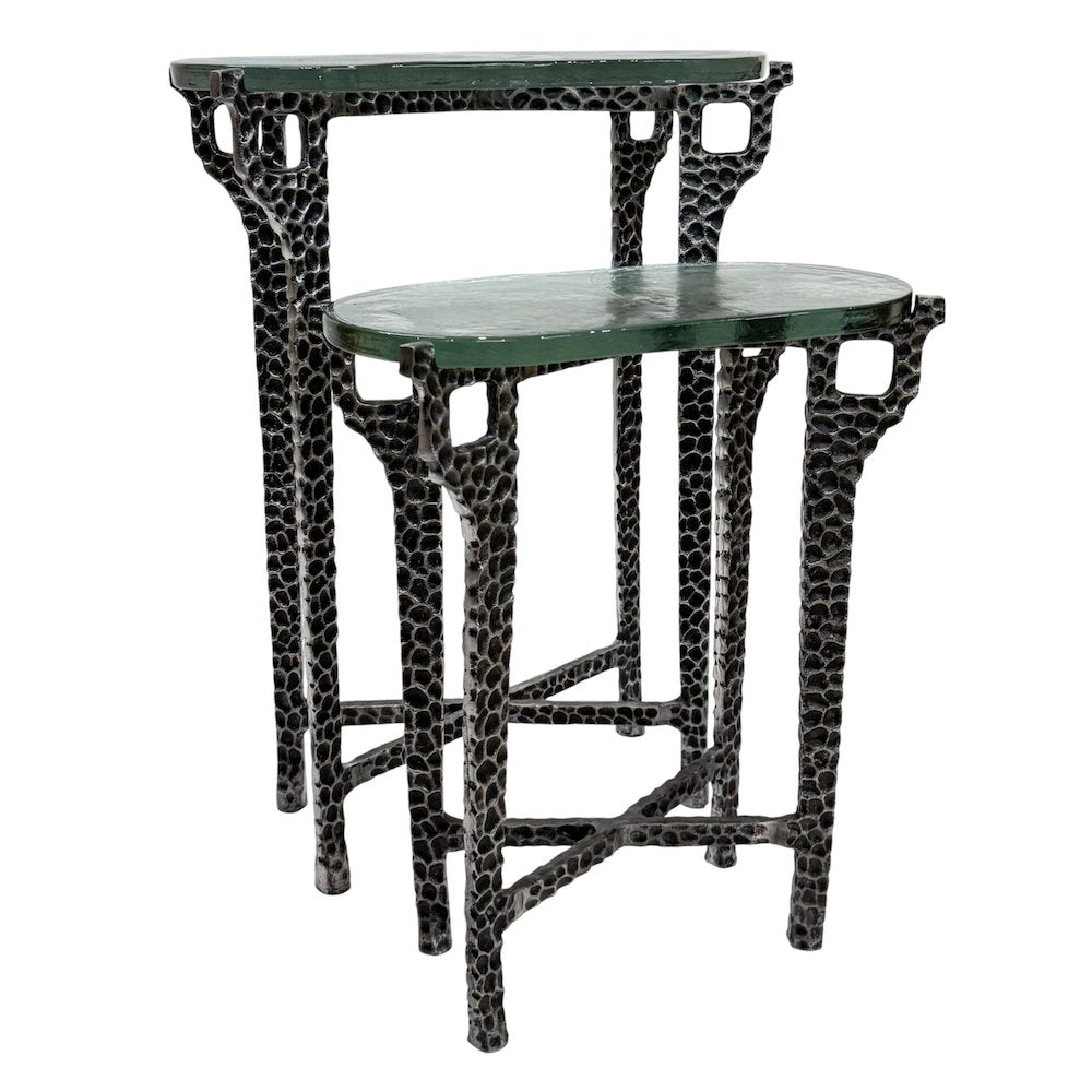 Ignis 26" Hammered Frame with Recycled Glass Nesting Table Set - Hammered Nickel