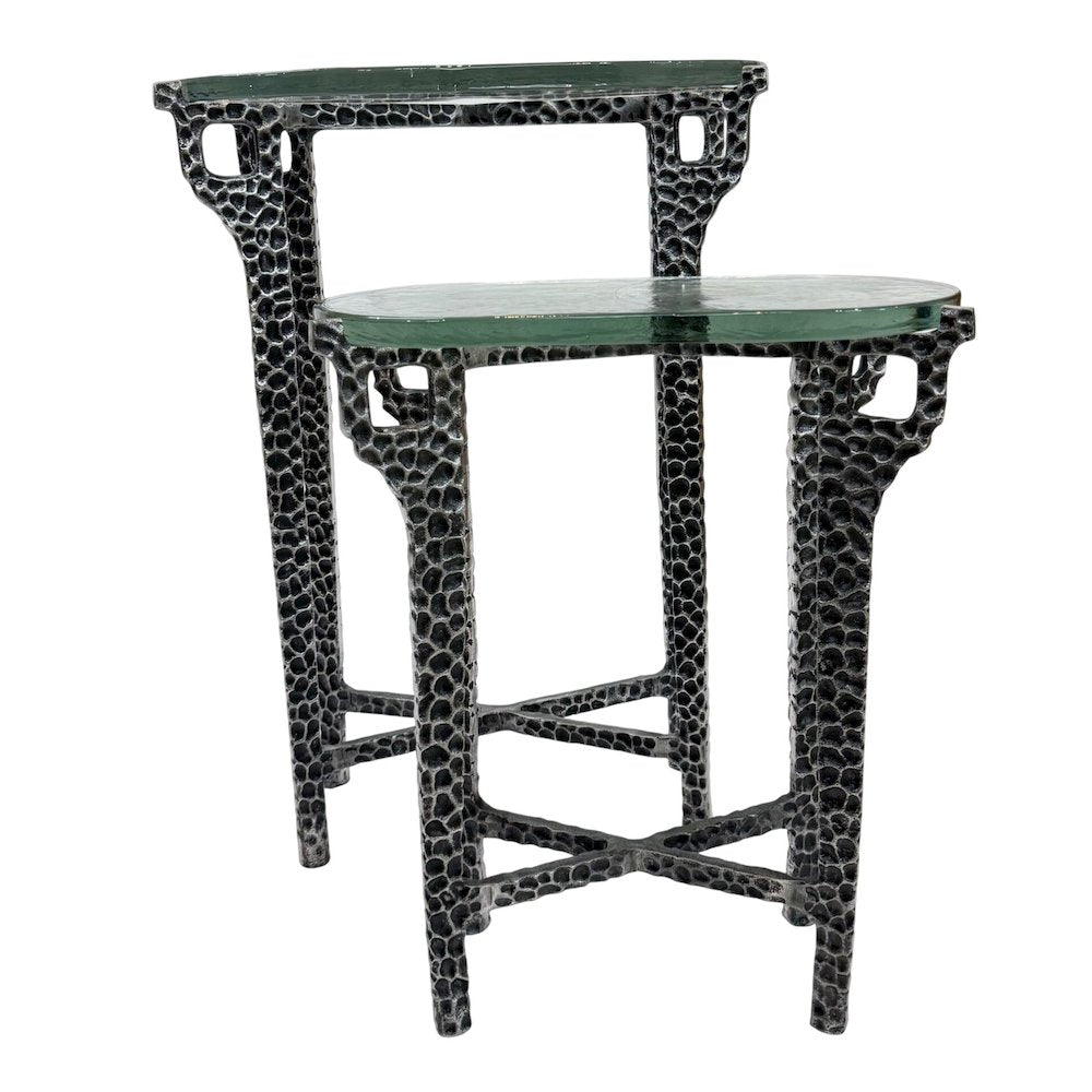 Ignis 26" Hammered Frame with Recycled Glass Nesting Table Set - Hammered Nickel