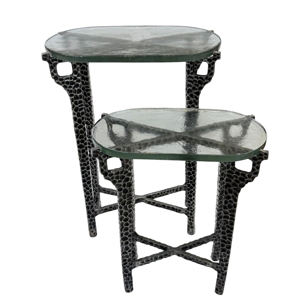 Ignis 26" Hammered Frame with Recycled Glass Nesting Table Set - Hammered Nickel