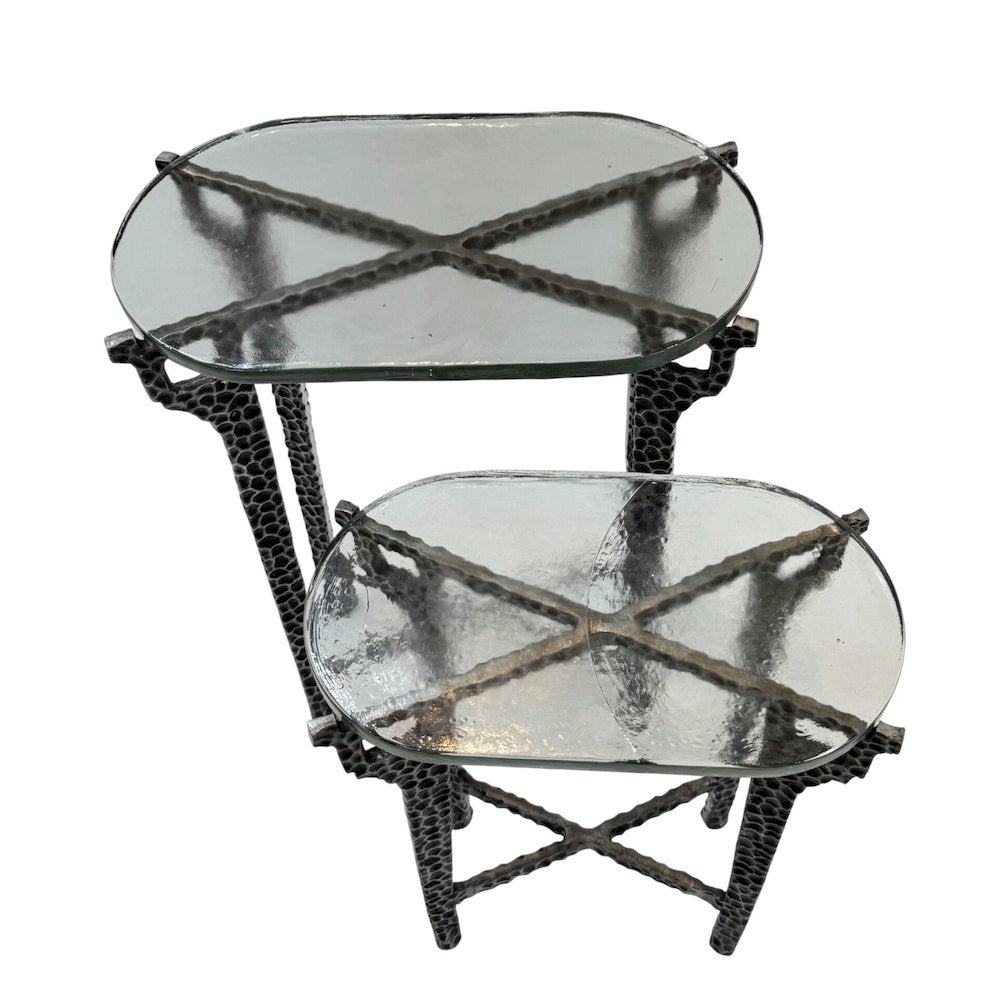 Ignis 26" Hammered Frame with Recycled Glass Nesting Table Set - Hammered Nickel