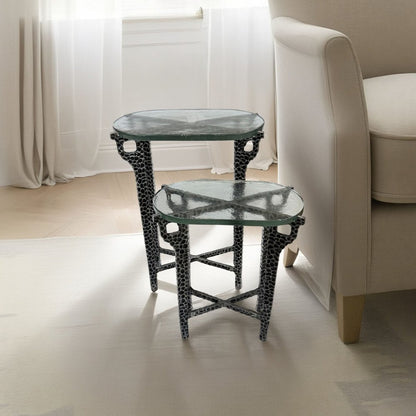Ignis 26" Hammered Frame with Recycled Glass Nesting Table Set - Hammered Nickel