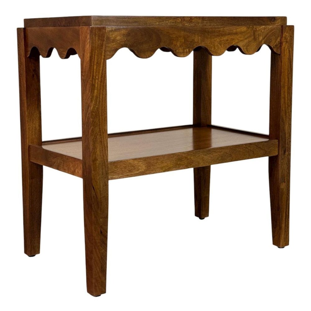 Rectangular Mango Wood Side Table - Decorative Edge and Lower Shelf, Chestnut