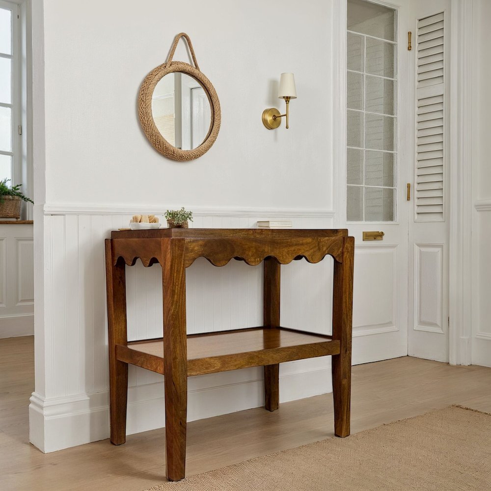 Rectangular Mango Wood Side Table - Decorative Edge and Lower Shelf, Chestnut