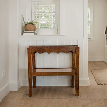 Rectangular Mango Wood Side Table - Decorative Edge and Lower Shelf, Chestnut
