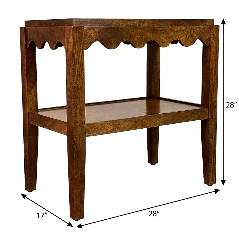 Rectangular Mango Wood End Table with Scalloped Edge and Lower Shelf, Chestnut