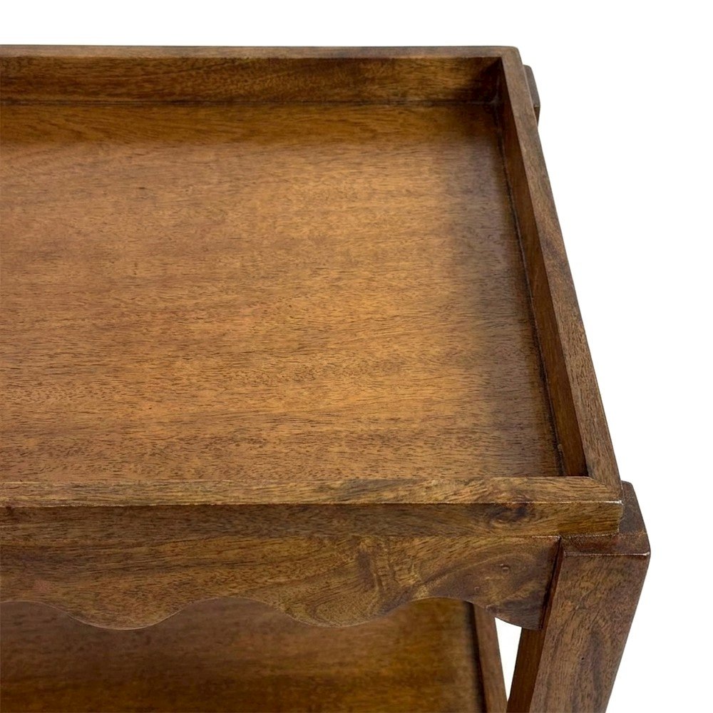 Rectangular Mango Wood End Table with Scalloped Edge and Lower Shelf, Chestnut