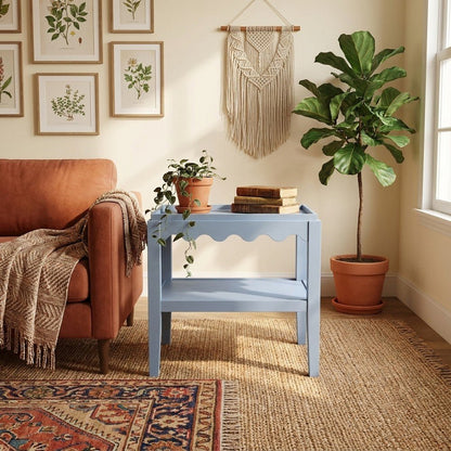 Rectangular Mango Wood End Table with Scalloped Edge and Lower Shelf, Light Blue