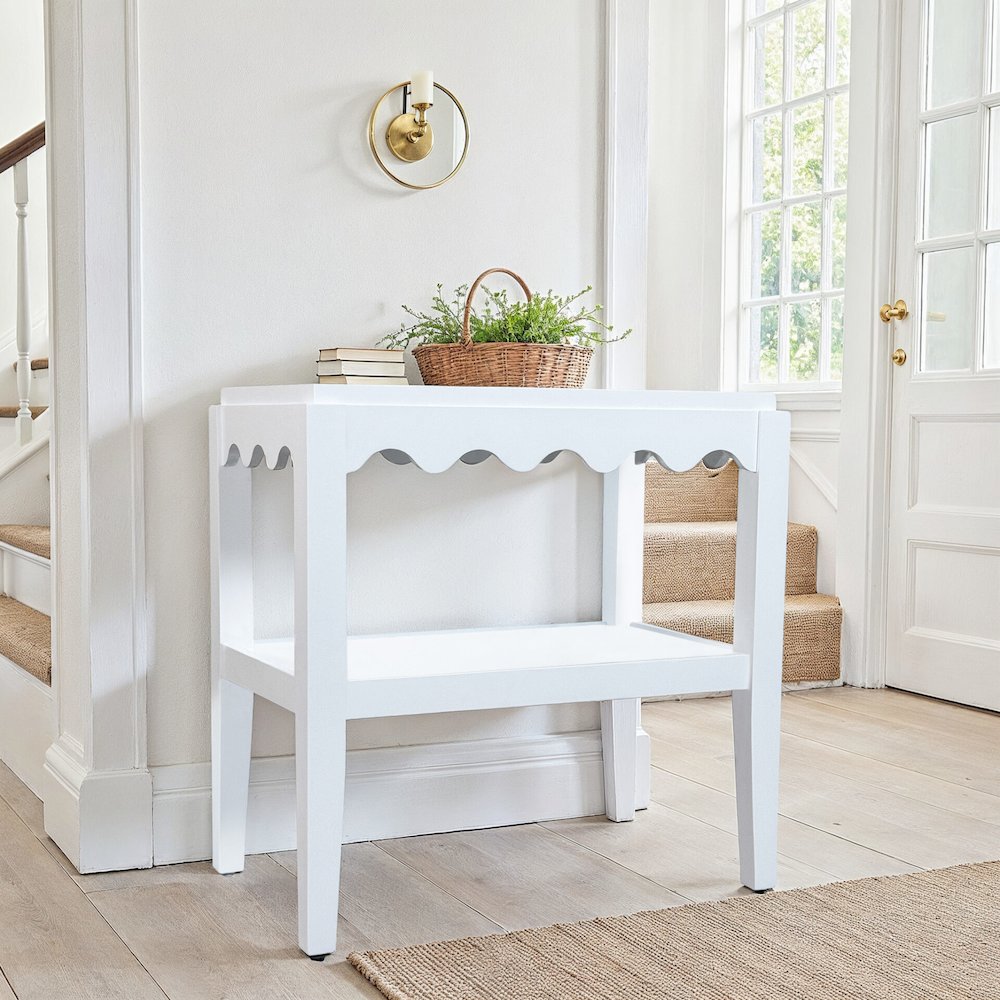 Rectangular Mango Wood Side Table - Decorative Edge and Lower Shelf, White