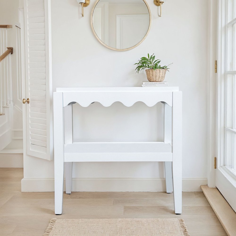 Rectangular Mango Wood Side Table - Decorative Edge and Lower Shelf, White
