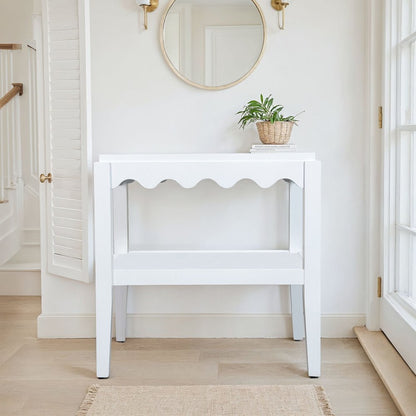 Rectangular Mango Wood Side Table - Decorative Edge and Lower Shelf, White