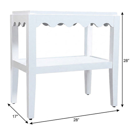 Rectangular Mango Wood End Table with Scalloped Edge and Lower Shelf, White