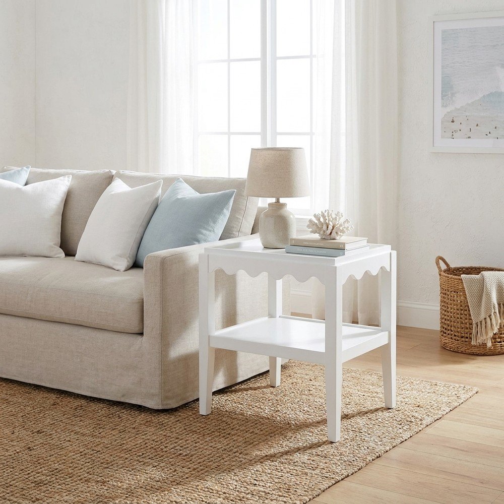 Rectangular Mango Wood End Table with Scalloped Edge and Lower Shelf, White