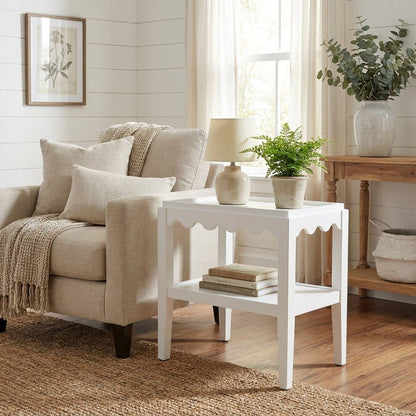 Rectangular Mango Wood End Table with Scalloped Edge and Lower Shelf, White